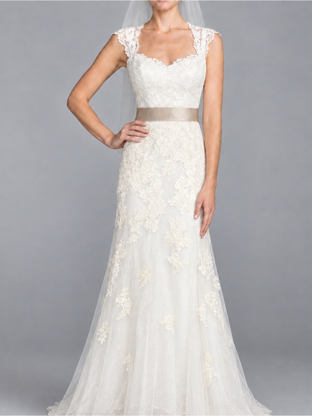 David's Bridal Ivory Lace Cap-Sleeve Wedding Dress with Champagne Sash 7VW9768